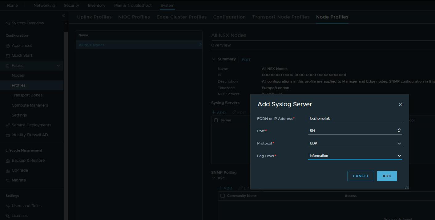 Global NSX syslog config